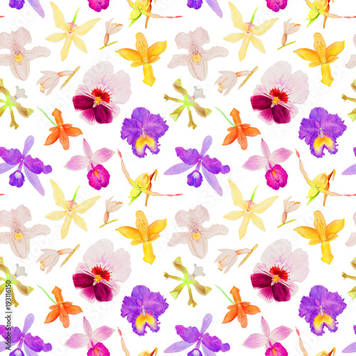 Orchid watercolor illustration, Seamless pattern