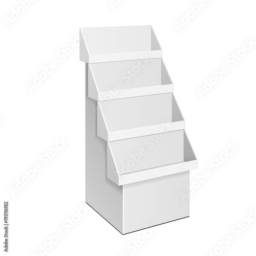 Cardboard Retail Shelves Floor Display Rack For Supermarket Blank Empty. Mock Up. 3D On White Background Isolated. Ready For Your Design. Product Advertising. Vector EPS10