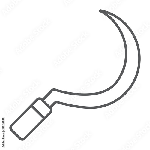 Sickle thin line icon, farming and agriculture, garden tool sign vector graphics, a linear pattern on a white background, eps 10.