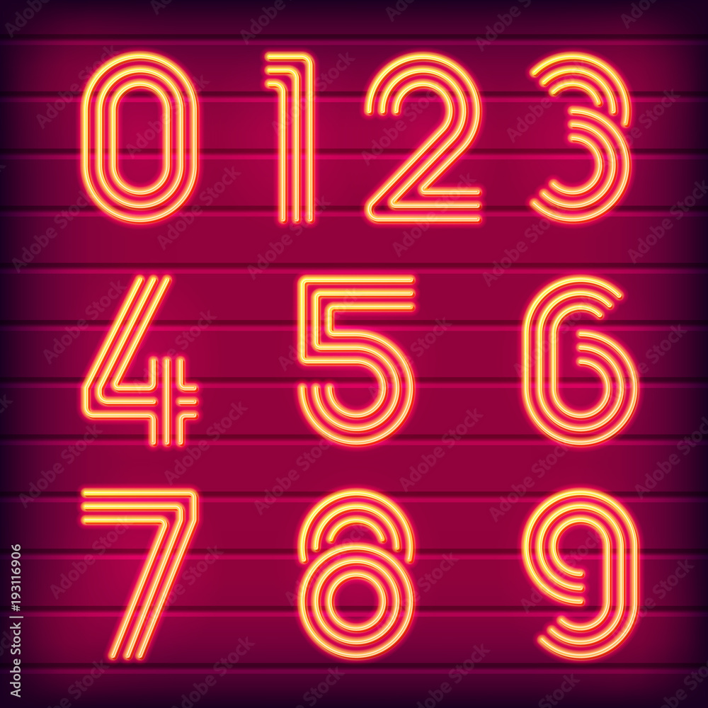 Set of retro neon numbers. Glowing symbols on a dark background. Triple neon tubes. Eps10 vector Set of retro neon numbers. Glowing symbols on a dark background. Triple neon tubes. Eps10 vector