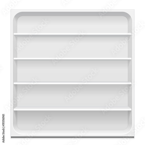 Blank Empty Rounded Showcase Display With Retail Shelves. 3D. Front View. Mock Up, Template. Illustration Isolated On White Background. Ready For Your Design. Product Advertising. Vector EPS10