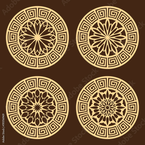 DIY laser cutting patterns. Jigsaw die cut ornaments. Islamic cutout silhouette stencils. Fretwork round panels. Vector coasters for paper cutting, scrapbook and woodcut.