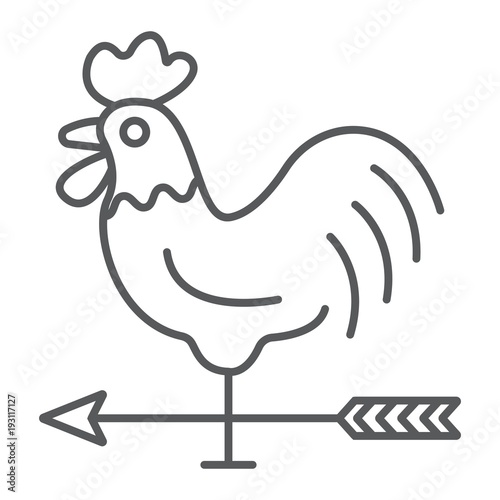 Rooster weather vane thin line icon, farming and agriculture, cock sign vector graphics, a linear pattern on a white background, eps 10.
