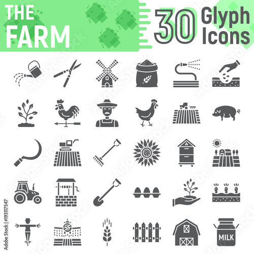 Farm glyph icon set, farming symbols collection, vector sketches, logo illustrations, agriculture signs solid pictograms package isolated on white background, eps 10.