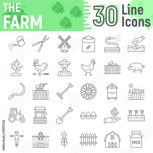 Farm thin line icon set, farming symbols collection, vector sketches, logo illustrations, agriculture signs linear pictograms package isolated on white background, eps 10.