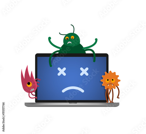 Dead personal computer due to virus attack vector illustration. Fatal error on laptop