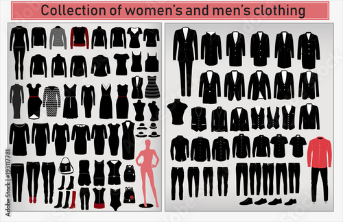 A large collection of men's and women's clothing on a light gray background