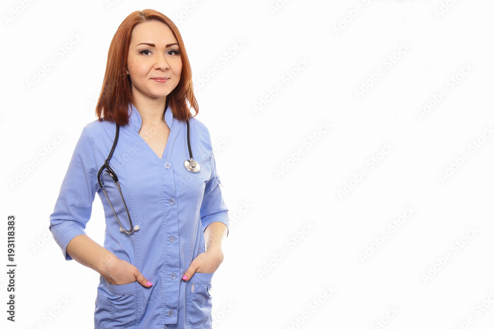 Doctor nurse in blue dressing gown with phonendoscope isolated white background. Doctor nurse in blue dressing gown with phonendoscope isolated white background.