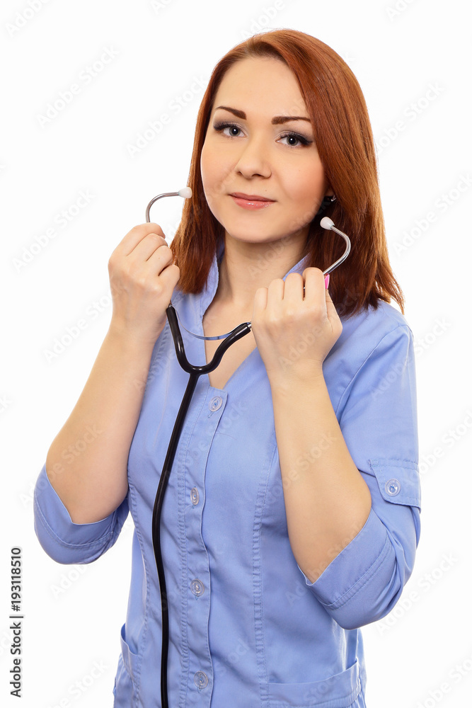 Doctor nurse in blue dressing gown with phonendoscope isolated white background. Doctor nurse in blue dressing gown with phonendoscope isolated white background.