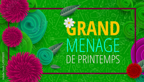 Spring cleaning with set of cleaning supplies and tools pattern. Spring cleaning background. Grand ménage de printemps.