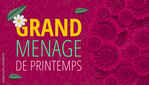 Spring cleaning with set of cleaning supplies and tools pattern. Spring cleaning background. Grand ménage de printemps.
