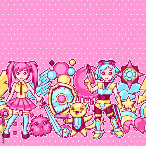 Japanese anime cosplay seamless pattern. Cute kawaii characters and items