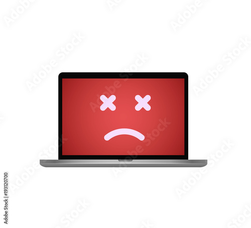 Fatal error in pc system. Dead face on laptop screen vector illustration. Isolated mobile computer with software failure