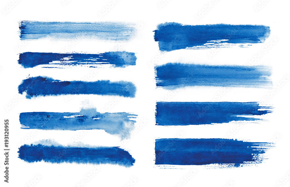 Watercolor. Blue abstract painted ink strokes set on watercolor paper. Ink strokes. Flat kind brush stroke. - obrazy, fototapety, plakaty 