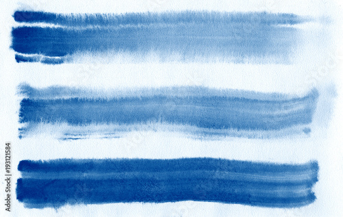 Watercolor. Blue abstract painted ink strokes set on watercolor paper. Ink strokes. Flat kind brush stroke.