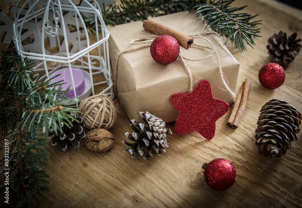 .box with gift on Christmas background . retro style .box with gift on Christmas background . retro style