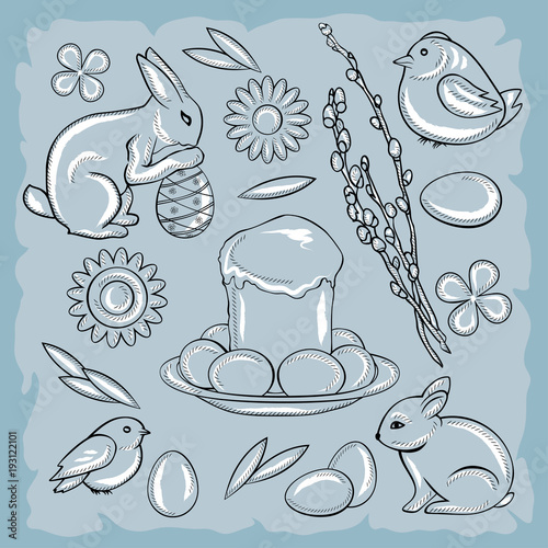 Easter set with rabbit, chicken, Easter cake, flowers, pussy willow and eggs on a blue vintage background