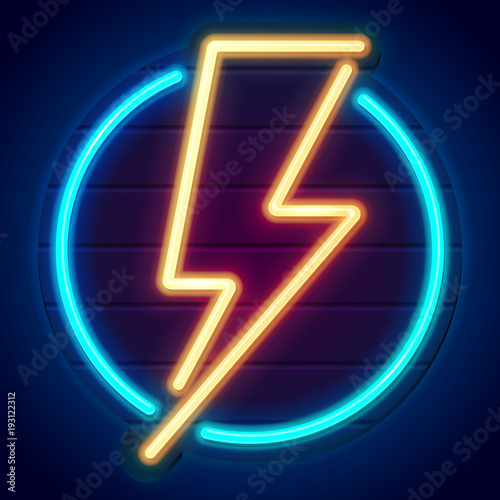 Neon lightning bolt on a wooden signboard. Banner on dark background. Eps10 vector