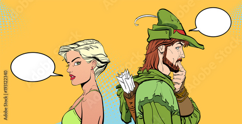 Man and woman. Couple thinking about something. Surprised pair. Modern girl and Medieval legend. Robin Hood. Defender of weak. Heroes of medieval legends. Halftone background. Surprised man.