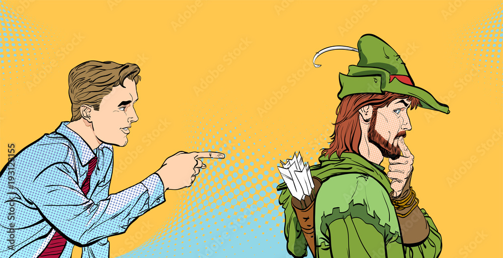 Modern man and Robin Hood. Businessman and medieval legends. A man's dialog. Men discussing something. Speaking men. Young businessman giving advice Robin Hood. Modern man and Robin Hood. Businessman and medieval legends. A man's dialog. Men discussing something. Speaking men. Young businessman giving advice Robin Hood.