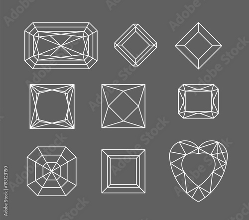 Diamond. Vector set of gems drawing line. Crystal forms. Geometric shapes of precious stones. Jewelry outline contour. Geometry figures. Diamond design elements