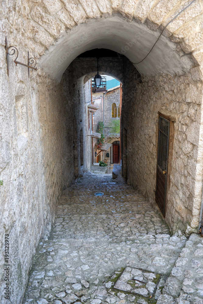 View of the Medieval Town of Fumone, narrow streets and medieval buidings
