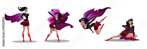 Comic superwoman actions in different poses. Female superhero vector cartoon characters. Illustration of superhero woman cartoon