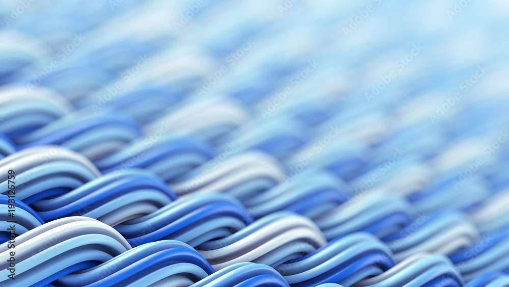 Wavy surface of white and blue curles ornament abstract 3D rendering with DOF