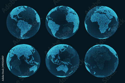 Earth hologram from different angles. Set of hud elements. Blue world map on a dark background with grid. Eps10 vector