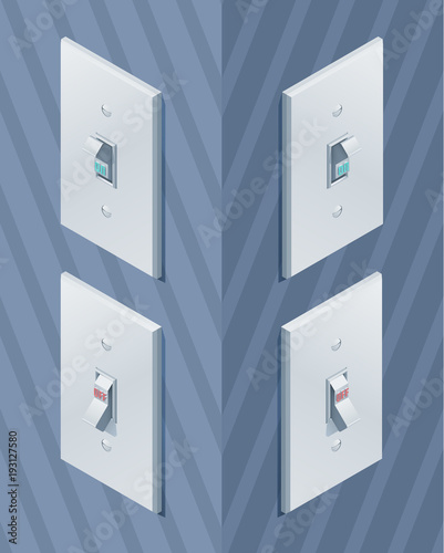 Isometric light wall switch. On and off modes. Toggle switch. Eps10 Vector.