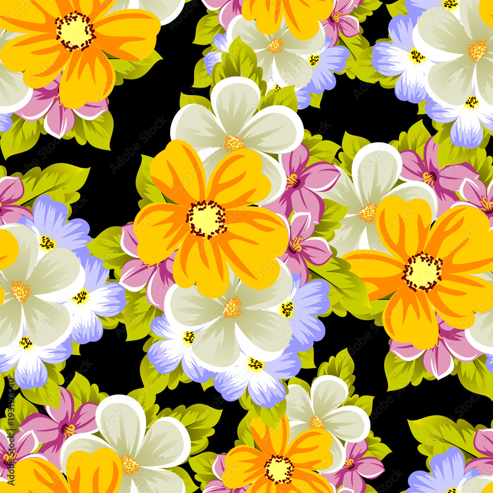 Elegant seamless pattern of flowers on a black background. For the design of cards, invitations, greeting cards, fabrics, banners. For birthday, wedding, party, Valentine's day, holiday. Elegant seamless pattern of flowers on a black background. For the design of cards, invitations, greeting cards, fabrics, banners. For birthday, wedding, party, Valentine's day, holiday.