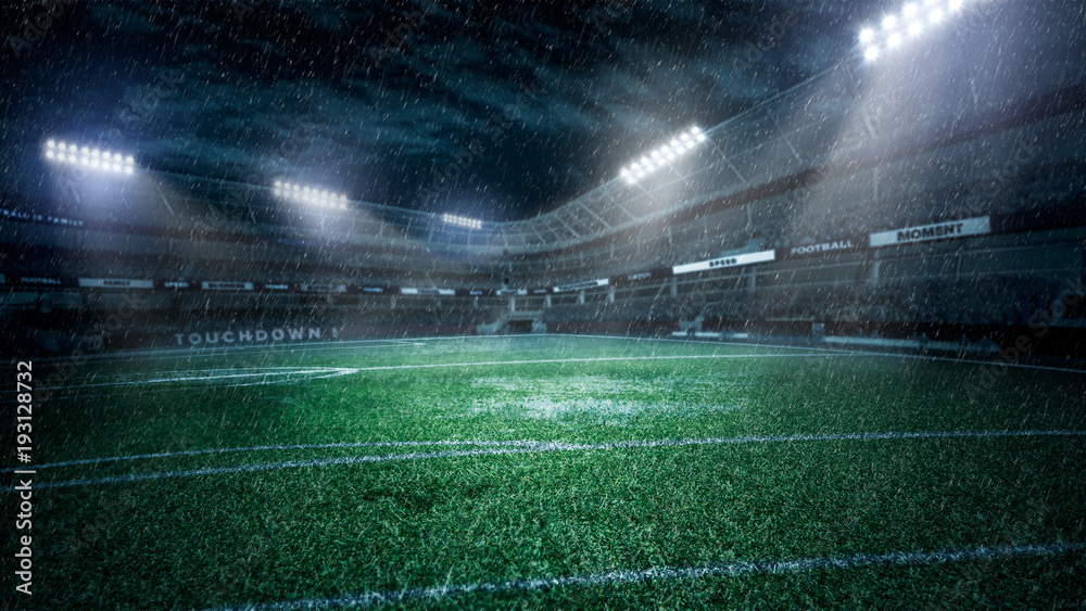 empty soccer stadium in light rays at night 3d illustration Stock