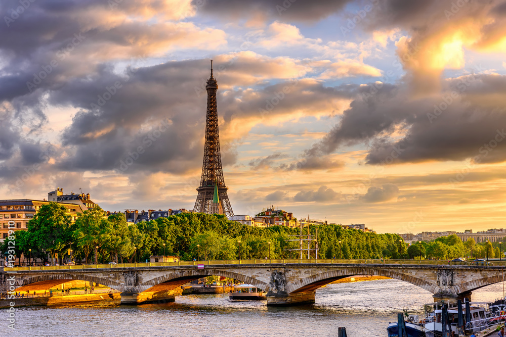 Fototapeta premium Sunset view of Eiffel tower and Seine river in Paris, France