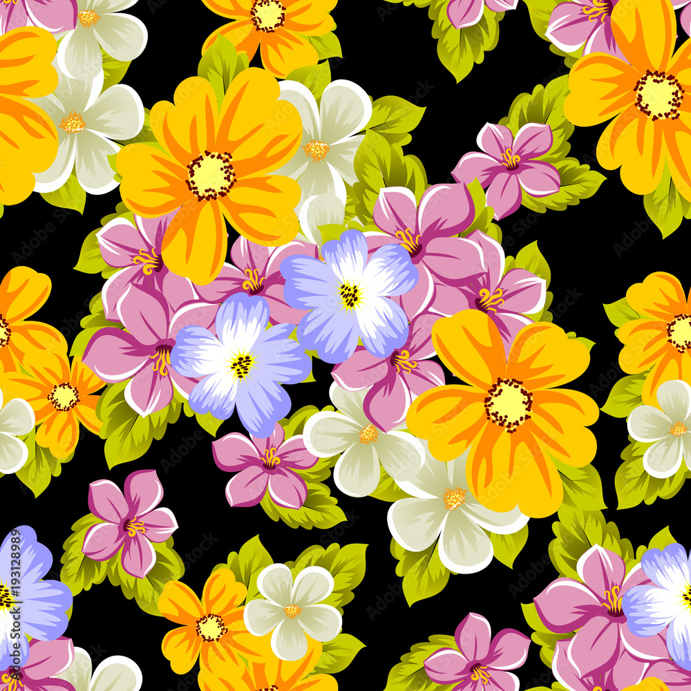 Elegant seamless pattern of flowers on a black background. For the design of cards, invitations, greeting cards, fabrics, banners. For birthday, wedding, party, Valentine's day, holiday. Elegant seamless pattern of flowers on a black background. For the design of cards, invitations, greeting cards, fabrics, banners. For birthday, wedding, party, Valentine's day, holiday.