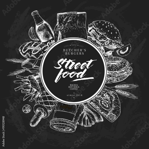 Hand drawn fast food banner. Street food. Burger, hot dog, soda, french fries, pizza, coffee, bagels. Chalkbord vector illustration. For restaurant, menu street food bakery cafe flyer