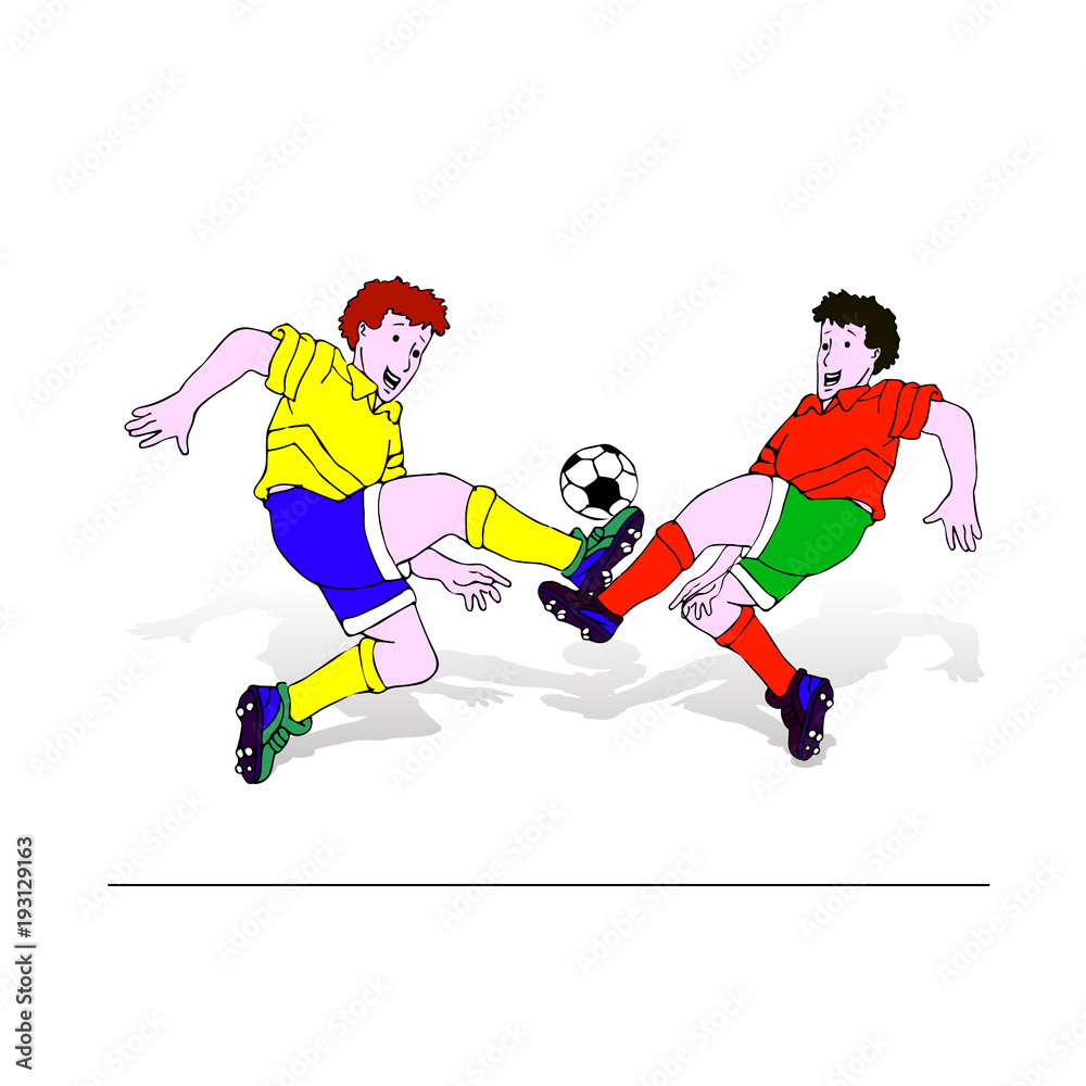 Two soccer players (in blue and green shorts) in a jump hit the ball with a foot, cartoon on a white background,