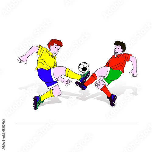 Two soccer players (in blue and green shorts) in a jump hit the ball with a foot, cartoon on a white background,