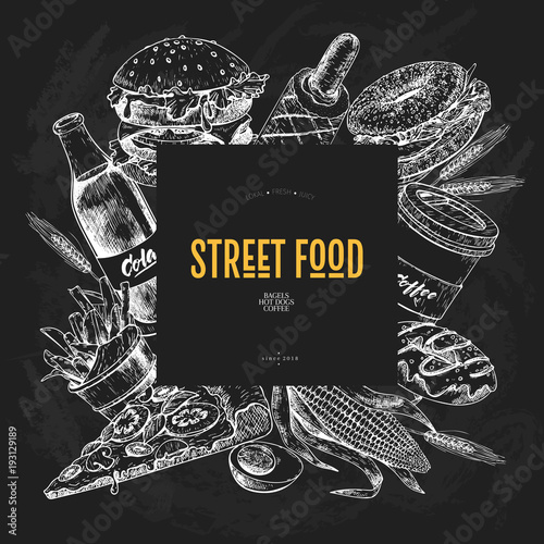 Hand drawn fast food banner. Street food bakery. Burger, hot dog, french fries, pizza, coffee, soda, bagel, donut, vegetable, egg. Chalkboard vector illustration. Restaurant menu, food flyer poster