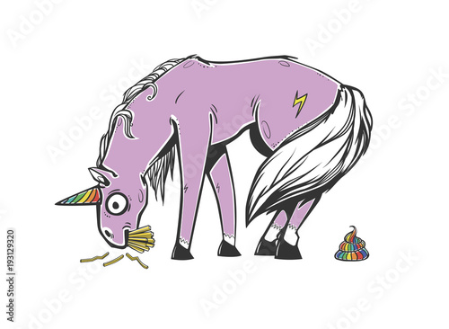 Embarrassed unicorn with rainbow horn and rainbow poop. Unicorn eating French fries. Graphic vector fantasy illustration. Modern culture poster.