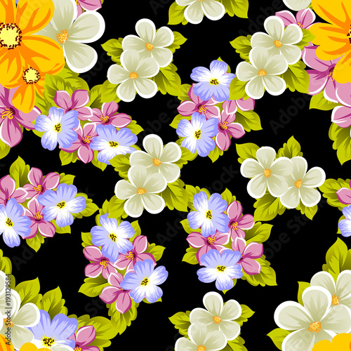 Elegant seamless pattern of flowers on a black background. For the design of cards, invitations, greeting cards, fabrics, banners. For birthday, wedding, party, Valentine's day, holiday.