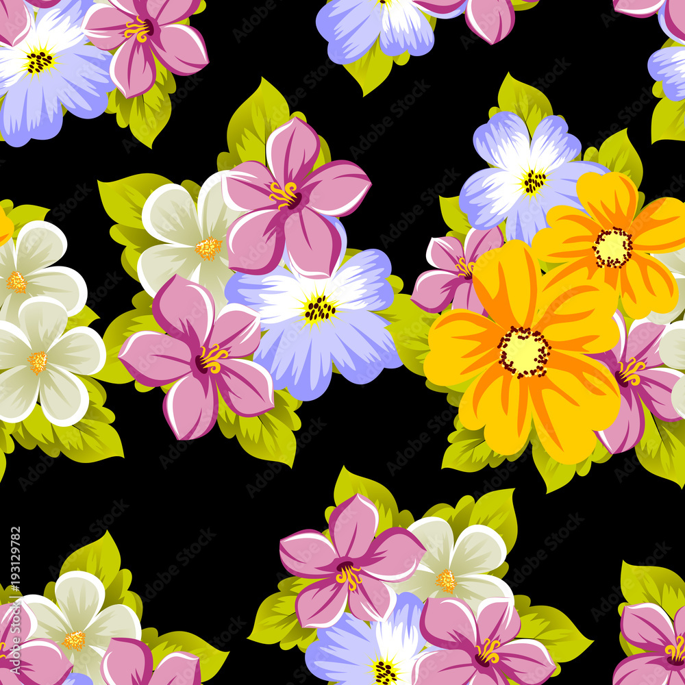 Obraz premium Elegant seamless pattern of flowers on a black background. For the design of cards, invitations, greeting cards, fabrics, banners. For birthday, wedding, party, Valentine's day, holiday.
