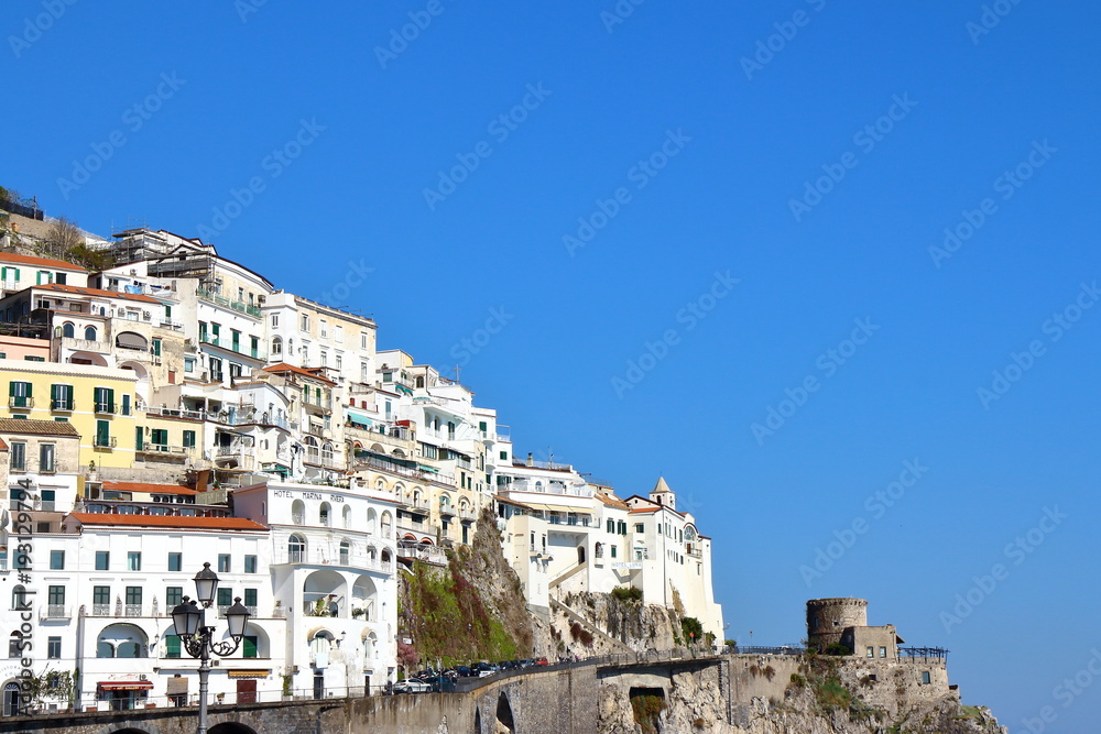 clill side village homes and sea of the Amalfi coast in Italy.
