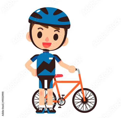 Vector male character standing with bicycle isolated on white background
