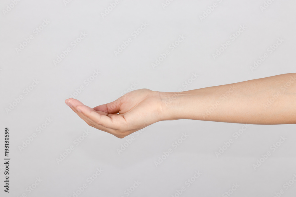 Hand is show gesture reached up or hold something on white background. . Hand is show gesture reached up or hold something on white background. .