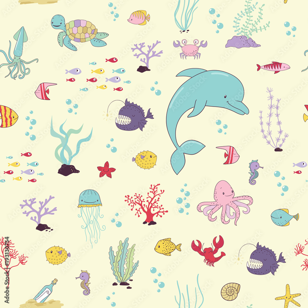 Sea animals. Cartoon seamless pattern