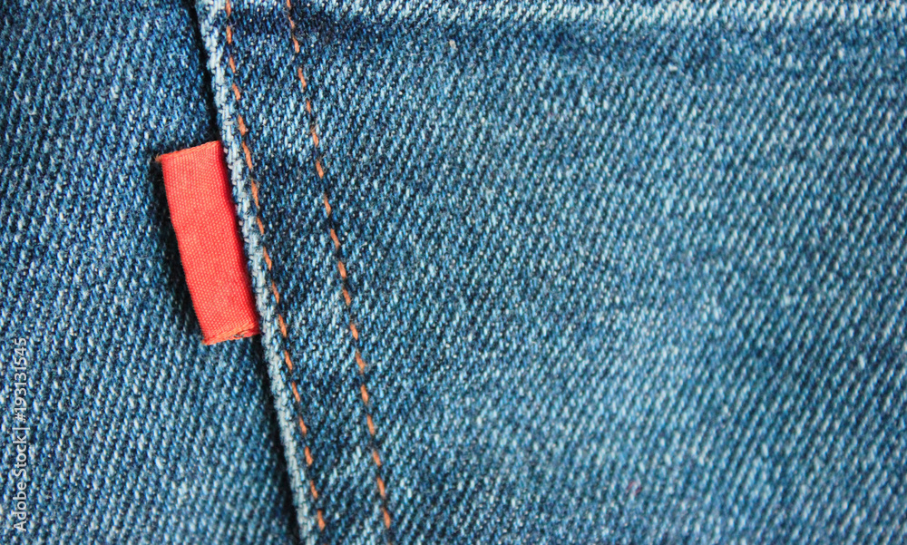 Denim Jeans Empty Red Label Close Up. Casual Vintage Style Jean Clothing  Back Side Tag View. Stock Photo | Adobe Stock
