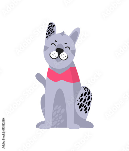 Grey Dog with Black Spots in Collar Sits on Floor