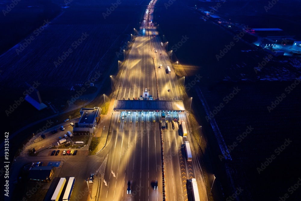 Aerial drone view on motorway with toll collection point