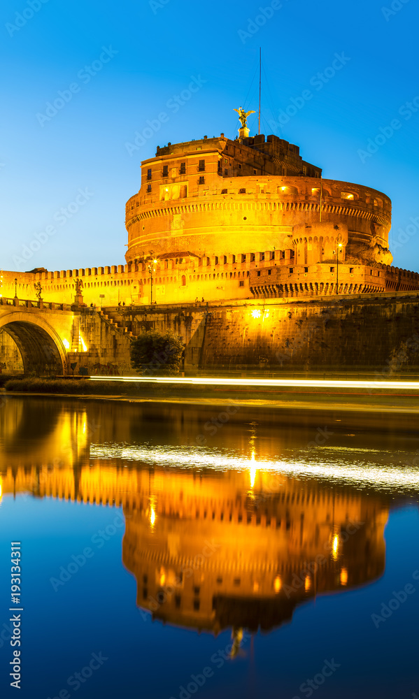 View of the Castle of St. Angel or the Mausoleum of Hadrian in the late evening, Italy