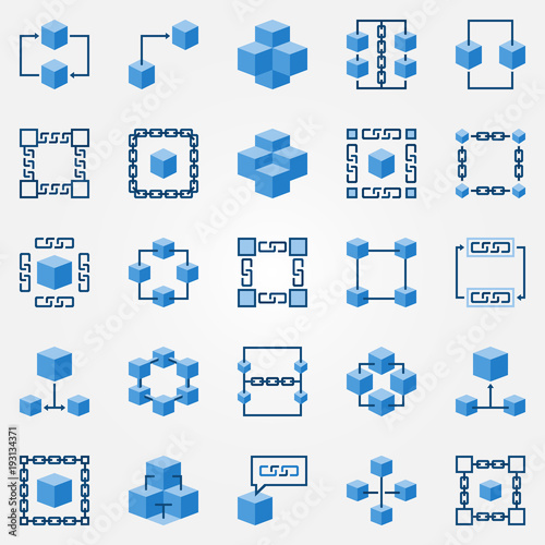 Blockchain blue icons set - vector block chain symbols